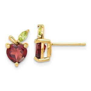 14K Yellow Gold  Heart Shaped Red Garnet and  Green Peridot Apple Post Earrings